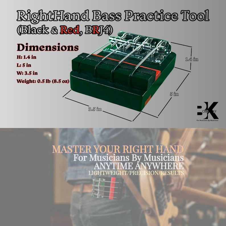 May include: A black and red RightHand Bass Practice Tool (BRJ4) with four metal strings. Dimensions are 1.4 inches high, 5 inches long, and 3.5 inches wide, with a weight of 0.5 pounds or 8.5 ounces. The device features a rectangular base.