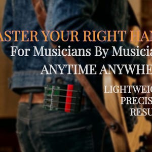May include: A small black rectangular device with four vertical colored bars attached to a belt, featuring the text: MASTER YOUR RIGHT HAND, For Musicians By Musicians, ANYTIME ANYWHERE, LIGHTWEIGHT, PRECISION, RESULTS, worn by a musician playing a bass.