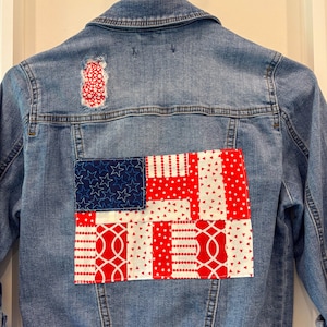 Upcycled Denim American Flag Jacket | One-of-a-Kind Women's XS Handmade Patchwork Blue Jean Coat