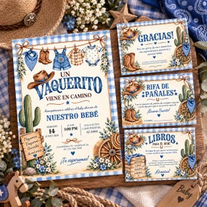 May include: A set of baby shower stationery featuring a western theme with blue gingham borders, illustrations of cowboy hats, boots, cacti, and wagons. The text includes 'UN VAQUERITO VIENE EN CAMINO', 'GRACIAS!', 'RIFA DE PAÑALES', and 'LIBROS PARA EL BEBÉ'.