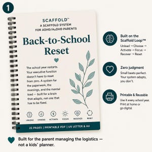 May include: A spiral-bound planner titled Scaffold Back-to-School Reset for ADHD/AuDHD parents. The cover features dark teal text, a leaf illustration, and icons for the Scaffold Loop. It notes 23 pages, printable PDF, and US Letter & A4 sizes.
