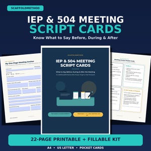 Puede incluir: Un kit de 22 páginas imprimibles y rellenables de tarjetas de guion para reuniones IEP y 504. El conjunto incluye una hoja de trabajo de preparación, una página de portada central con el título y tarjetas de bolsillo con sugerencias para padres.