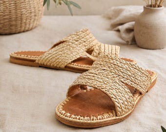 Sandalias de rafia hechas a mano para mujer, sandalias marroquíes de cuero, sandalias planas tejidas de verano, zapatos bohemios sin cordones.