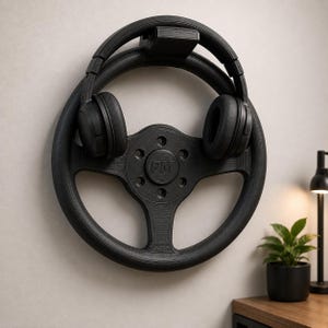Puede incluir: Un soporte de pared negro con forma de volante de carreras y un logotipo PM central. El soporte sostiene un par de auriculares negros sobre su borde superior. La estructura está hecha de un material mate con una textura impresa en 3D visible.