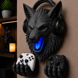 Wolf Gaming Wall Mount | Headset & Controller Holder with RGB Lighting