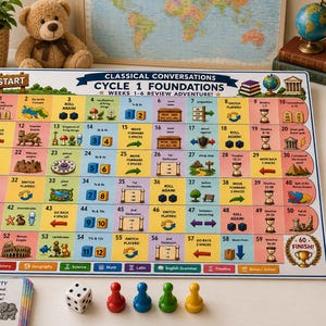 May include: A rectangular board game titled Classical Conversations Cycle 1 Foundations Weeks 1-6 Review Adventure, featuring a numbered path from 1 to 60, colourful illustrations, two decks of cards, a white die, and four coloured game pawns.