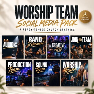 May include: A digital download social media pack featuring seven church graphics titled Worship Team. The collection includes images of musicians, sound technicians, and production crews with text overlays like Auditions, Band Rehearsal, and Join the Team.