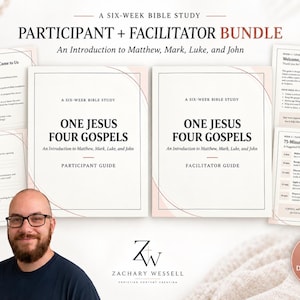 May include: A six-week Bible study bundle titled One Jesus Four Gospels, including a participant guide and a facilitator guide. The documents feature black text on white paper with soft pink curved lines, alongside supplementary pages for group discussion and leader notes.