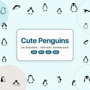 Peut inclure: Une collection numérique de 34 illustrations de pingouins en noir et blanc dans diverses positions. Le texte central indique Cute Penguins, 34 DESIGNS, INSTANT DOWNLOAD, avec les formats SVG, EPS, DXF et PNG dans des cercles bleu foncé.