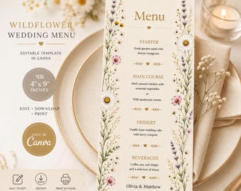 Modelo de cardápio de casamento editável, cardápio de casamento imprimível do Canva, cardápio de recepção, download instantâneo do cardápio de casamento Wildflower