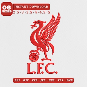 Puede incluir: Un diseño de bordado a máquina rojo con el emblema del pájaro Liver sobre un balón de fútbol y el texto L.F.C. debajo. La imagen incluye texto que indica 06 tamaños en pulgadas: 2.5, 3, 3.5, 4, 4.5, 5, además de formatos PES, DST, EXP, JEF, HUS, VP3, EMB.