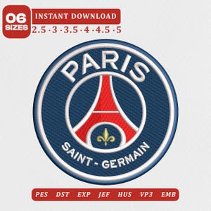 May include: A circular embroidered patch featuring the Paris Saint-Germain logo with a dark blue background, a red Eiffel Tower graphic, and a gold fleur-de-lis. The text reads PARIS SAINT-GERMAIN. Includes 6 sizes: 2.5, 3, 3.5, 4, 4.5, and 5 cm.