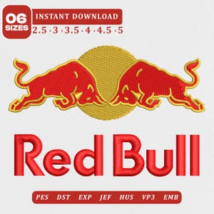 Peut inclure: Un motif de broderie représentant deux taureaux rouges face à face devant un soleil jaune, avec le texte Red Bull en dessous. L'image inclut le texte 06 SIZES 2.5 3 3.5 4 4.5 5 et les formats de fichier PES DST EXP JEF HUS VP3 EMB.