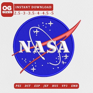 May include: A circular NASA embroidery design featuring a blue background with white stars, a white orbital ring, and a red vector swoosh. The text NASA is in white. The image includes the text 06 SIZES 2.5 3 3.5 4 4.5 5 and file formats PES, DST, EXP, JEF, HUS, VP3, EMB.