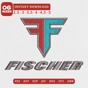 Puede incluir: Un diseño de bordado que presenta un logotipo con la letra F estilizada, dividido en secciones roja y azul turquesa con un borde gris. Debajo del logo aparece la palabra FISCHER en texto gris inclinado. La imagen incluye formatos de archivo.
