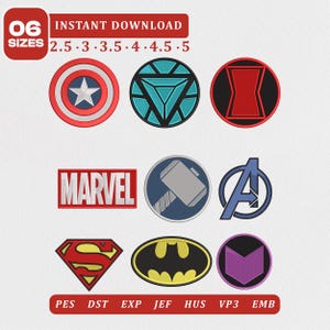 May include: A collection of nine embroidered superhero-themed patches including the Captain America shield, Iron Man arc reactor, Black Widow logo, Marvel text, Thor hammer, Avengers A, Superman shield, Batman logo, and Hawkeye emblem in 6 sizes.