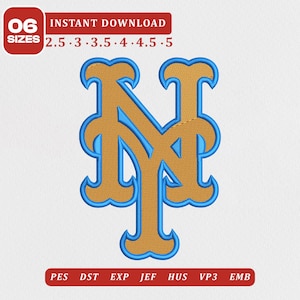 May include: An embroidery design featuring the letters NY in orange with a blue outline. The text 06 SIZES 2.5 3 3.5 4 4.5 5 appears at the top, and PES DST EXP JEF HUS VP3 EMB appears at the bottom on red rectangular backgrounds.