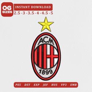 Puede incluir: Un diseño de bordado del club de fútbol AC Milan con un escudo ovalado central con rayas verticales rojas y negras, una sección blanca con una cruz roja, las letras ACM, el año 1899 y una estrella amarilla, disponible en 6 tamaños de 2,5 a 5.