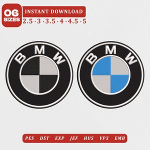 Könnte beinhalten: Zwei kreisförmige BMW-Logo-Stickmuster. Das linke Logo zeigt schwarze und graue Quadranten, das rechte Logo blaue und graue Quadranten. Der Text umfasst 06 SIZES, 2.5, 3, 3.5, 4, 4.5, 5, INSTANT DOWNLOAD sowie die Dateiformate PES, DST, EXP, JEF, HUS, VP3, EMB.