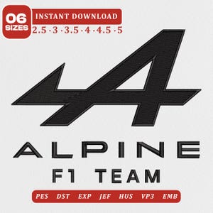 Może przedstawiać: Wzór haftu Alpine F1 Team z czarnym logo i napisem Alpine. Obraz zawiera czerwone etykiety wskazujące 06 rozmiarów od 2,5 do 5 cali oraz listę formatów plików, w tym PES, DST, EXP, JEF, HUS, VP3 i EMB.