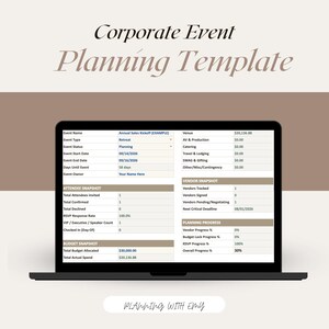 May include: A laptop screen displaying a Corporate Event Planning Template with sections for event details, attendee snapshots, budget snapshots, vendor snapshots, and planning progress. The text Planning With Emy appears at the bottom.