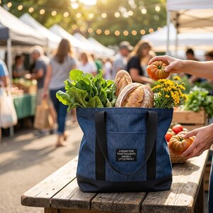 May include: A blue denim tote bag with black handles and a black base. A rectangular black patch on the front features the white text: A PENNY FOR YOUR THOUGHTS SEEMS A LITTLE PRICEY. The bag is filled with green leafy vegetables, two loaves of bread, and yellow flowers.