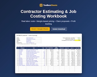 Contractor Estimating Spreadsheet | Construction Job Costing Workbook (Excel/Google Sheets)