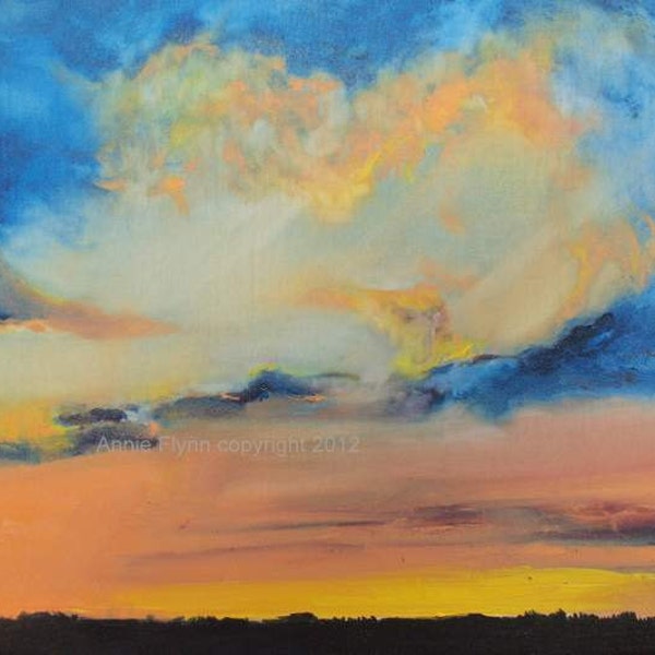 Skyscape in Sapphire and Tangerine with Lavender. Sunset Painting in Oil