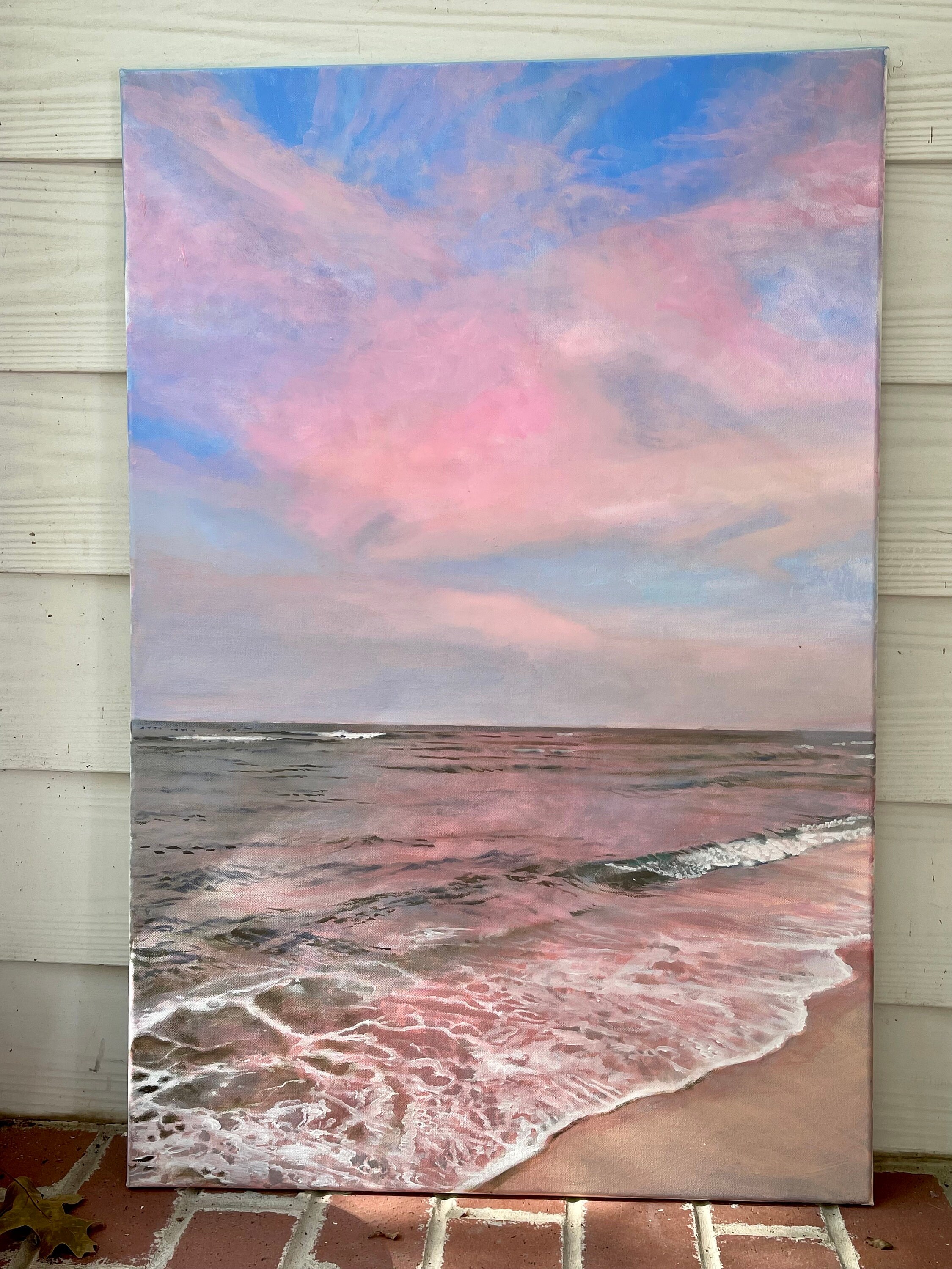 オリジナル油絵：ピンクの夕焼けの海の風景（24x36） - Etsy 日本