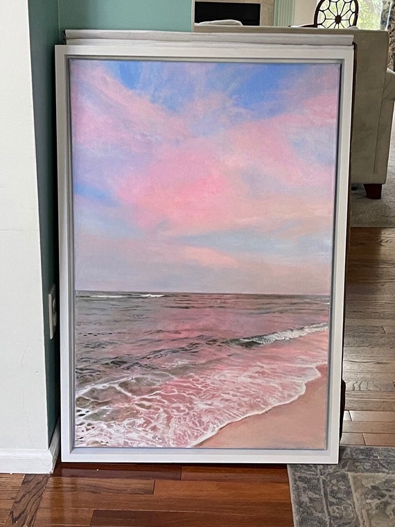 オリジナル油絵：ピンクの夕焼けの海の風景（24x36） - Etsy 日本