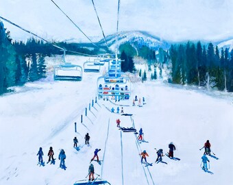 Alpine Cheer- Aerial ski Painting- modern mountain painting - original oil painting-painting- Winter ski painting- Skiers Painting