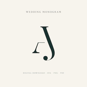 Puede incluir: Un monograma verde oscuro con las letras A y J entrelazadas en una fuente con serifa. El texto WEDDING MONOGRAM aparece en la parte superior, y DIGITAL DOWNLOAD SVG PNG PDF está impreso en la parte inferior sobre un fondo crema claro.