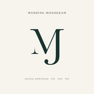 Puede incluir: Un monograma de boda verde oscuro con las letras M y J en una fuente con serifa. El texto WEDDING MONOGRAM aparece en la parte superior, y DIGITAL DOWNLOAD SVG PNG PDF está impreso en la parte inferior sobre un fondo color crema.