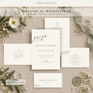 Puede incluir: Un conjunto de plantillas de papelería de boda en color blanco roto con ilustraciones botánicas de flores silvestres, que incluye una invitación para Olivia & James, un menú, una tarjeta RSVP, una tarjeta de detalles y una tarjeta de mesa.