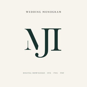 Puede incluir: Un monograma de boda verde oscuro con las letras NJI en una fuente con serifa. El texto WEDDING MONOGRAM aparece sobre las letras, y el texto DIGITAL DOWNLOAD SVG PNG PDF se encuentra debajo del monograma sobre un fondo crema claro.