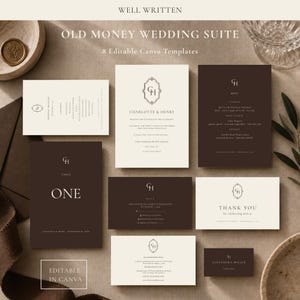 Puede incluir: Un conjunto de ocho plantillas de papelería de boda editables tituladas Old Money Wedding Suite. La colección presenta tarjetas de color marrón oscuro y crema con un logotipo de monograma, incluyendo menú, número de mesa, RSVP y tarjetas de agradecimiento.