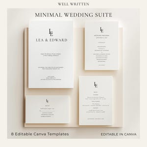 Minimal Wedding Invitation Suite, Editable Canva Templates, Wedding Stationery Bundle, RSVP, Details Card, Menu & Program