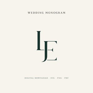 Puede incluir: Un diseño gráfico digital que presenta las letras L y E en una fuente serif de color verde oscuro, centradas sobre un fondo crema claro. El texto WEDDING MONOGRAM aparece en la parte superior y DIGITAL DOWNLOAD SVG PNG PDF abajo.