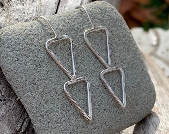 Triangle Double Leaf Earrings in Sterling Silver - Hand Hammered Sterling Silver Geometric Double Leaf Earrings