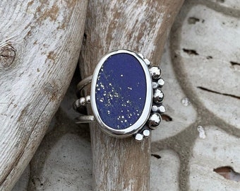 U.S. Size 11 - Lapis Oval Moonlight Ring in Sterling Silver - Big Blue Lapis Lazuli Ring with Pyrite Ring