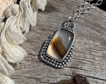 Montana Agate Rectangle Drop Necklace in Sterling Silver - Artisan Made Sterling Silver and Agate Necklace