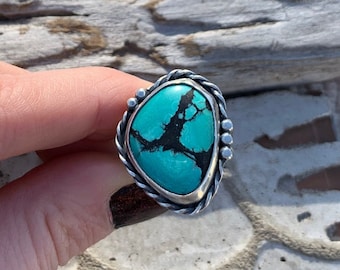 U.S. Size 6.75 - Freeform Bright Blue and Black Artisan Turquoise Ring in Sterling Silver- Natural Turquoise Triple Band Ring