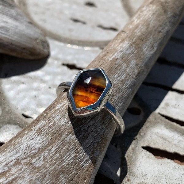 U.S. Size 8 - Long Hexagonal Rose Cut Montana Agate Stacking Ring in Sterling and Fine Silver - Artisan Made Silver and Gemstone Ring