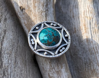 U.S. Size 8 Wide - Turquoise Star Mandala Shield Ring in Sterling Silver - Artisan Sterling Silver Ring with Dotted Round Mandala Design