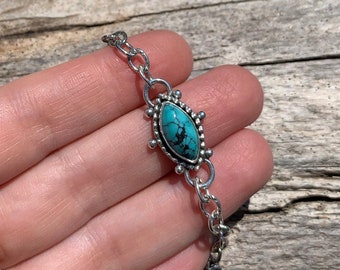 Marquise Turquoise Eye Bracelet in Sterling Silver - Artisan Silver Chain Bracelet with Natural Turquoise Eye