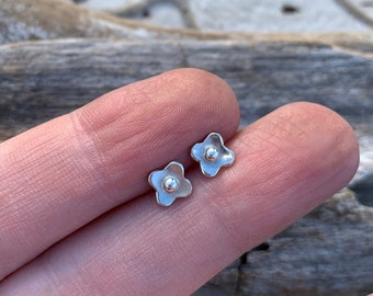 Little Open Blossom Stud Earrings in Sterling Silver - Sterling Silver Four Petaled Flower Stud Earrings