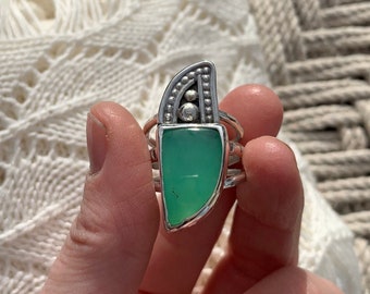 U.S. Size 10 - Long Chrysoprase Blade of Grass Ring in Sterling Silver and Fine Silver - Artisan Sterling Silver Gemstone Ring