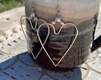 Long Heart and Orbs Hoop Earrings in Sterling Silver- Big Heart Hoop Earrings - Artisan Made Sterling Silver Heart Earrings