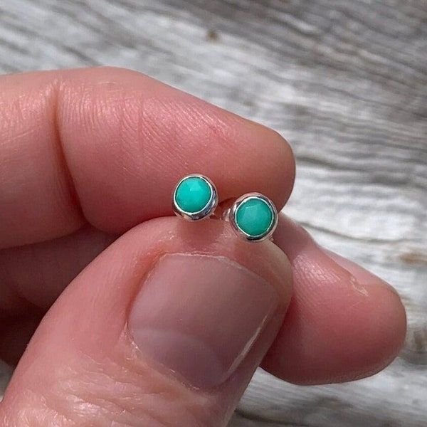 Rose Cut Chrysoprase Stud Earrings in Sterling and Fine Silver - Artisan Sterling Silver Chrysoprase Earrings