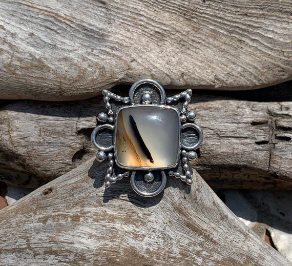 U.S. Size 6 - Montana Agate Star Ring in Oxidized Sterling and Fine Silver - Artisan Made Sterling Silver and Agate Statement Ring
